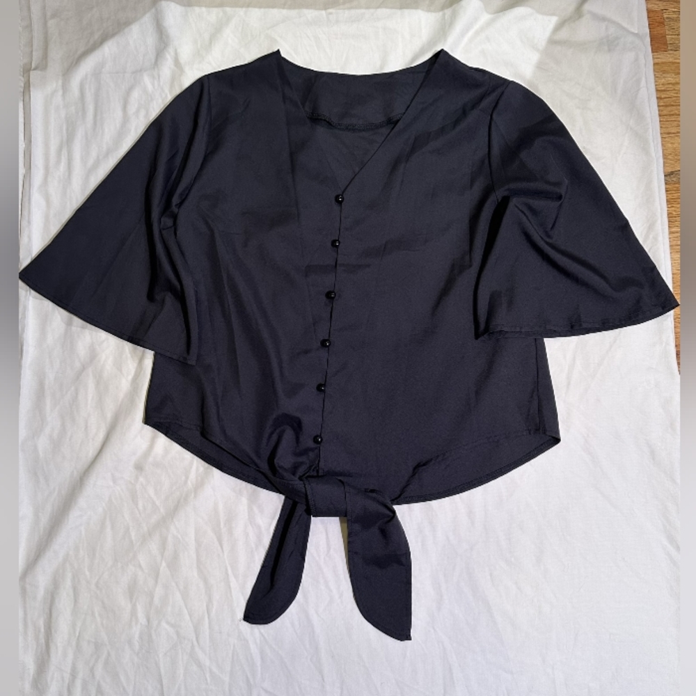 Black Satin Button Up Blouse with Tie Detail.
